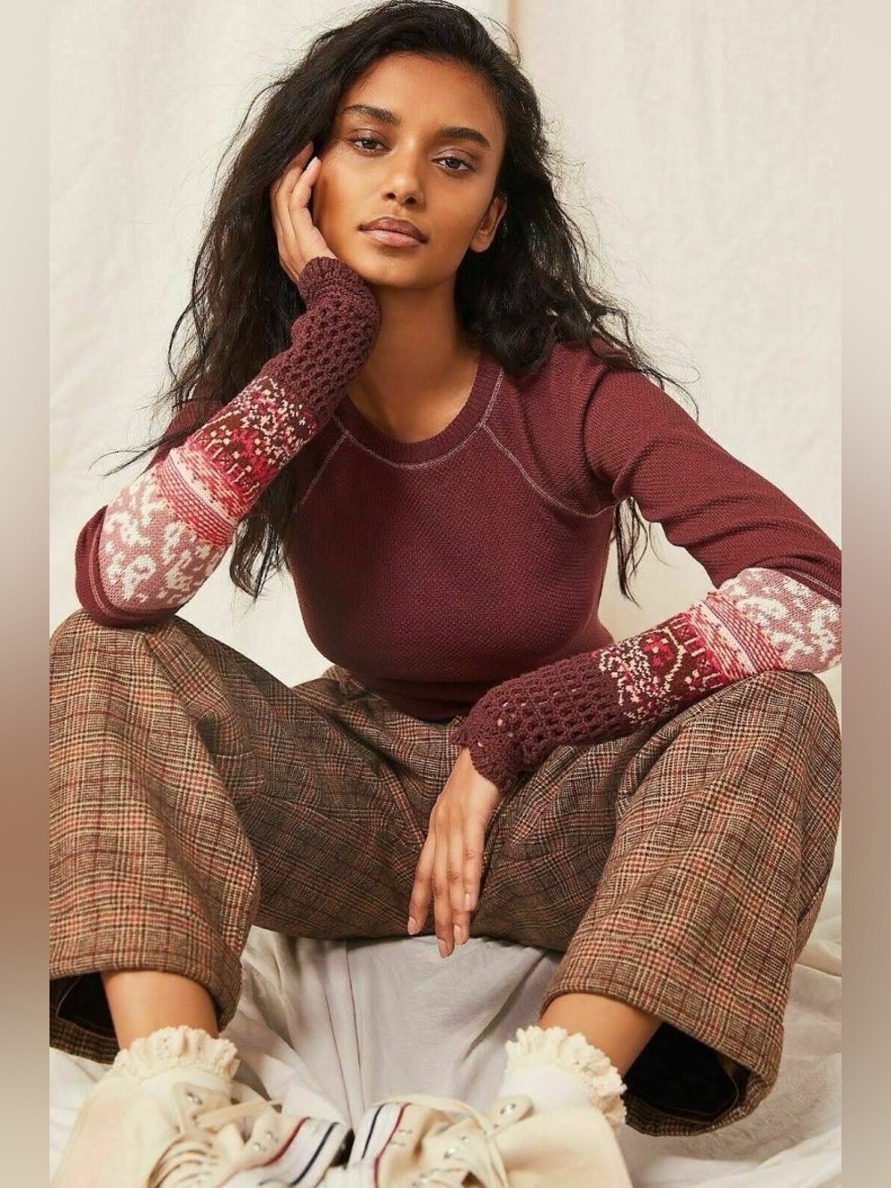 Free People In The Mix Cuff Thermal Top Rio Vino Crochet Sleeve Women Size L